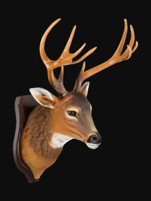 3D model for A highly detailed taxidermy mount of a buck deer head designed for a realistic game or cinematic environment. The deer has a proud, naturalistic pose with lifelike glass eyes, textured fur in shades of brown and tan, and a full, impressive set of antlers with realistic branching points. The head is carefully mounted on a polished dark wood plaque with a beveled edge, featuring subtle carved accents. The mount shows expert craftsmanship, with detailed musculature around the neck and natural fur flow. Lighting should bring out the textures of the antlers, fur, and polished wood. Emphasize realism, fine detail, and traditional hunting lodge or Victorian trophy room aesthetics.
