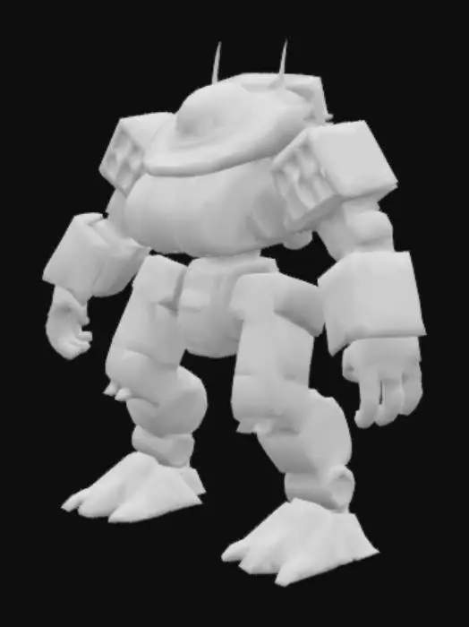 3D model for  a towering junk mecha posed in a rigid T-pose, assembled from a chaotic mix of salvaged robot and mecha parts. Its body is a mismatched patchwork of rusted steel panels, dented armor plating, and exposed wiring, each component bearing different shapes, colors, and origins. The torso is bulky and asymmetrical, with one side made from a blue industrial loader chest and the other from the remains of a war drone. One arm is a crane claw with chipped yellow paint, the other a heavy pincer with hazard stripes. Its legs are uneven—one a tank tread rigged to a mechanical thigh, the other a spindly walker leg. The head is a lopsided dome helmet with a flickering red optic. The overall style is gritty, post-apocalyptic, and cartoonishly exaggerated.
