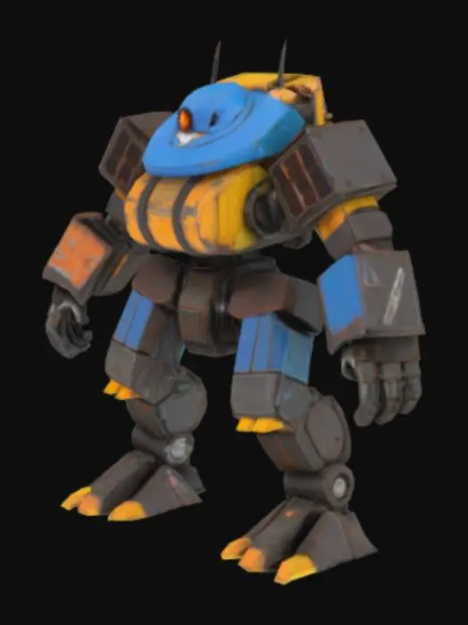 3D model for  a towering junk mecha posed in a rigid T-pose, assembled from a chaotic mix of salvaged robot and mecha parts. Its body is a mismatched patchwork of rusted steel panels, dented armor plating, and exposed wiring, each component bearing different shapes, colors, and origins. The torso is bulky and asymmetrical, with one side made from a blue industrial loader chest and the other from the remains of a war drone. One arm is a crane claw with chipped yellow paint, the other a heavy pincer with hazard stripes. Its legs are uneven—one a tank tread rigged to a mechanical thigh, the other a spindly walker leg. The head is a lopsided dome helmet with a flickering red optic. The overall style is gritty, post-apocalyptic, and cartoonishly exaggerated.
