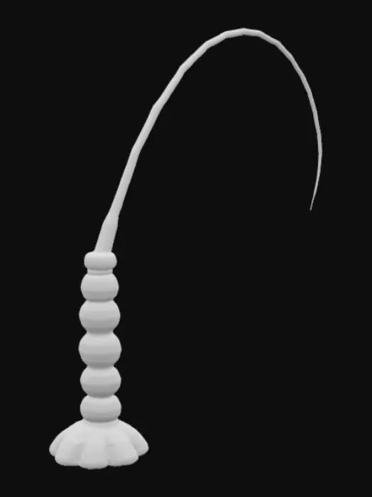 3D model for A single, standalone insect or lobster-style antennae, curved in a swept-back arc for use as an accessory or rigged element. This is not a pair and not attached to any creature—just one individual antennae. It should be long, thin, gently tapered with slight segmentation or joint ridges, and organically curved back as if mounted behind the temple or forehead. The base should be flared or subtly widened for easier attachment to a humanoid model’s head. No skull, scalp, or hair—only one antennae. Ideal as a rigged prop or visual detail in creature or hybrid character design for animation or games.


