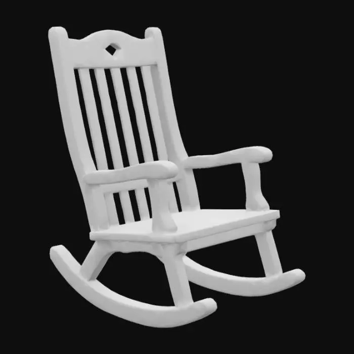 3D model for A highly detailed wooden rocking chair in a cozy cottagecore style, designed for a rustic cabin setting. The chair is handcrafted from warm, aged wood with visible natural grain, slight weathering, and minor imperfections that add character. It features a high, curved spindle back with slender turned rods, a gently contoured seat for comfort, and smoothly curved rockers at the base. The arms are simple yet gracefully shaped, showing subtle hand-carved details. The overall design feels worn, loved, and inviting, perfect for a peaceful fireside nook. Lighting should highlight the wood texture and craftsmanship. Emphasize realism, warmth, and the nostalgic charm of a countryside home.