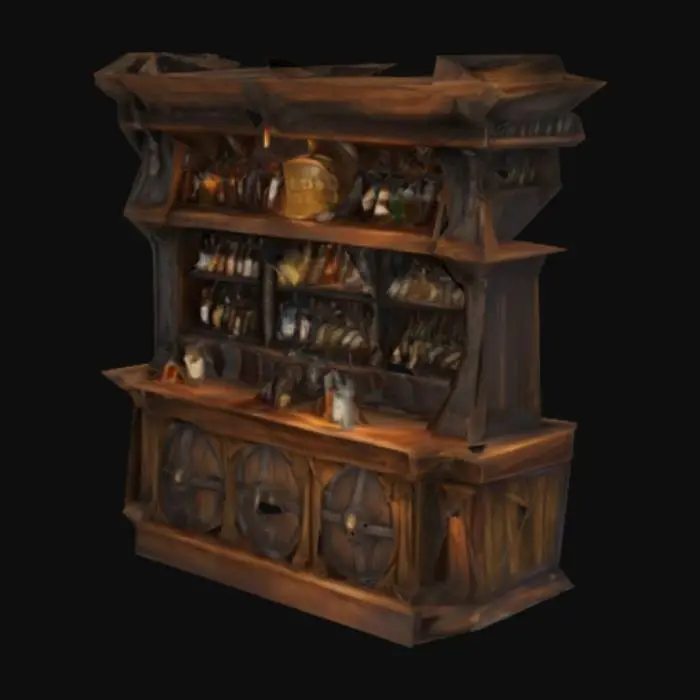 3D model for large fantasy medieval bar cabinet filled with liqour bottles and barrels of ale designed for a fantasy bar or guild hall 