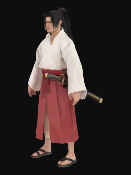 3D model for A male 21 year old ronin with long black hair tied in ponytai, wear one layer white gi, white obi, red hakama, sandals, and socs. One katana is sheathed on his left waist. His face is clean and shaven