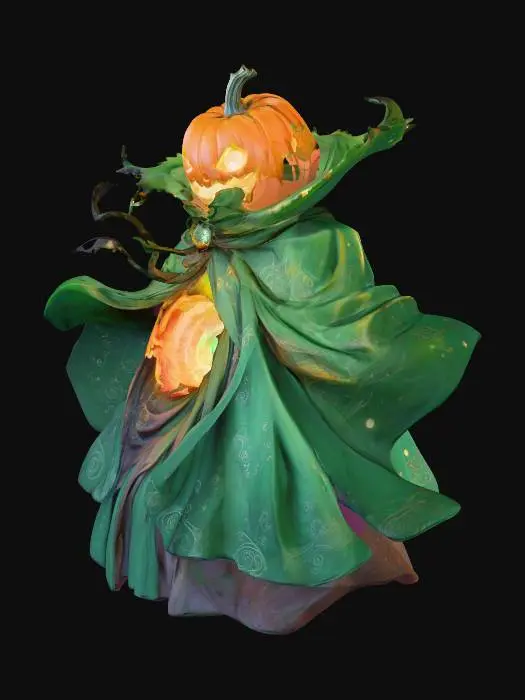 3D model for complète la créature, sans ailes, caché dans son long manteau vert comme l'image initiale