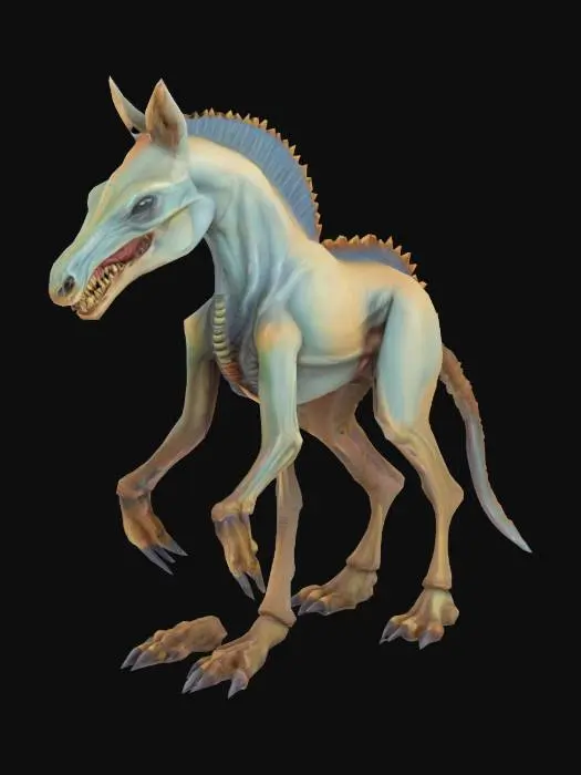 3D model for Ein Pferdeartiges Alien mit langem hinterkopf ohne mähne glatt mit scharfe zähne und trotz muskeln rausragende rippen und wirbelsäulen stachel vorne lange hufenkrallen gefletschte oberlippen