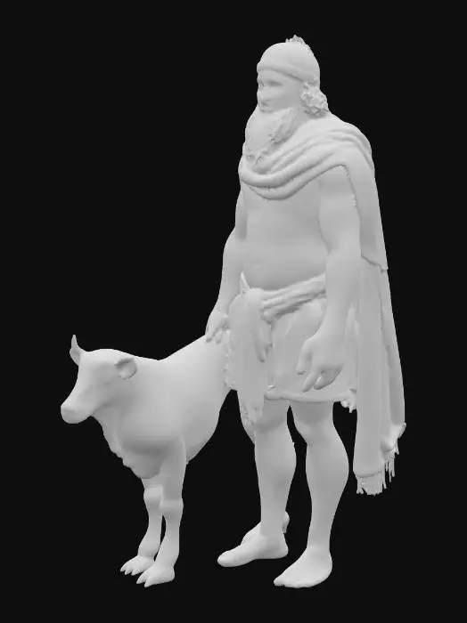 3D model for 22meter großen menschen mit bart und buckelchen narben, eine leinen unterhose fetzig und so kopfbedeckung, ein schal vorn am schenkel, haarige beine, dicke borsten , weit abstehende zehen , etwas schlaffi adonis, hasenscharte normal, große wache augen, ausgeprägte achselhöhlen, gute gute gute hände eine kleine kuh daneben