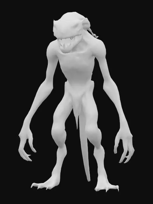 3D model for  tall, lanky, horrific, malicious, humanoid creature with an unsettling, feral aesthetic. Its limbs should be elongated and unnaturally thin, with raptor, claw-like fingers and toes. The creature’s skin should appear sickly pale and rough, almost corpse-like, with a jagged, uneven musculature. Its head features hollow, dark eye sockets and an unnaturally wide evil smile filled with sharp, needle-like teeth. The overall posture is hunched and predatory. Stylize it for maximum tension neutral standing pose.