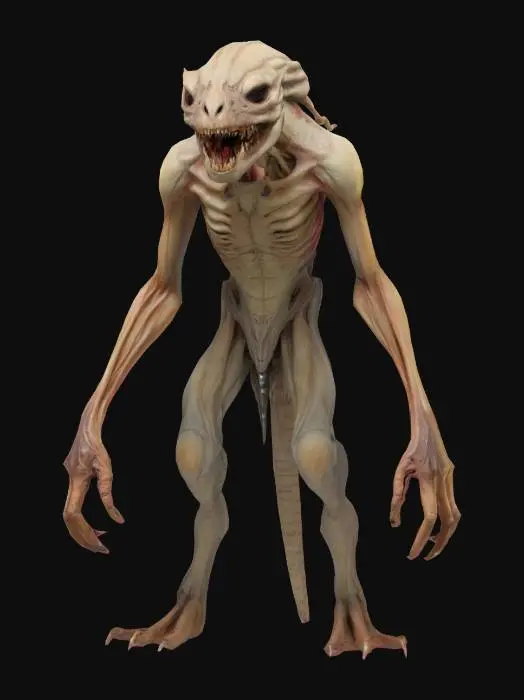 3D model for  tall, lanky, horrific, malicious, humanoid creature with an unsettling, feral aesthetic. Its limbs should be elongated and unnaturally thin, with raptor, claw-like fingers and toes. The creature’s skin should appear sickly pale and rough, almost corpse-like, with a jagged, uneven musculature. Its head features hollow, dark eye sockets and an unnaturally wide evil smile filled with sharp, needle-like teeth. The overall posture is hunched and predatory. Stylize it for maximum tension neutral standing pose.