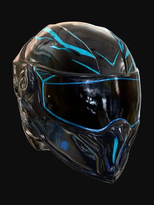 3D model for A futuristic motorcycle helmet with a reflective black visor and neon blue accents, ultra-detailed