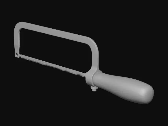 3D model for A small hand hacksaw with a red wooden handle and a silver metal frame. The saw has a thin black blade stretched tightly across the rectangular frame. The handle is cylindrical and slightly glossy, attached at one end of the frame. The overall design is compact and suitable for cutting metal or small materials. Studio lighting, clean white background.