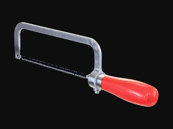 3D model for A small hand hacksaw with a red wooden handle and a silver metal frame. The saw has a thin black blade stretched tightly across the rectangular frame. The handle is cylindrical and slightly glossy, attached at one end of the frame. The overall design is compact and suitable for cutting metal or small materials. Studio lighting, clean white background.