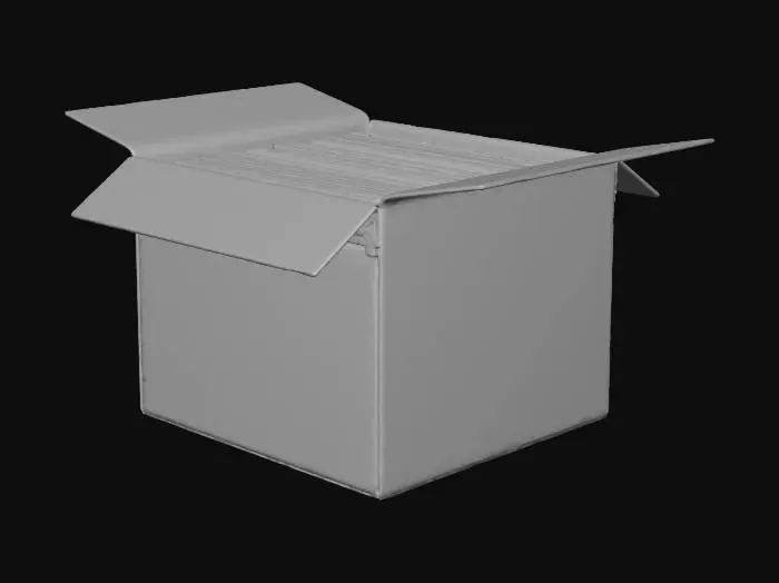 3D model for A cardboard box filled with vinyl records, realistic worn covers and dust.