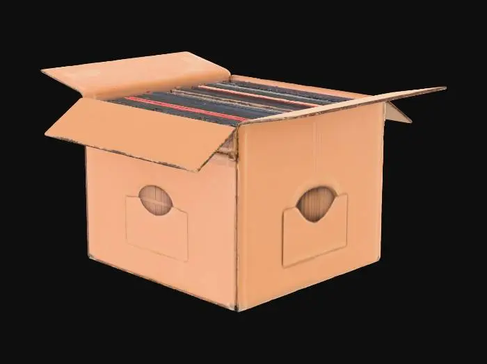 3D model for A cardboard box filled with vinyl records, realistic worn covers and dust.
