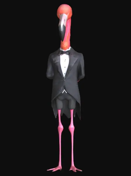 3D model for A anthromorphic flamingo wearing a black tuxedo.