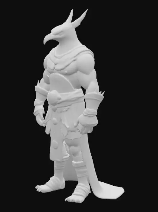 3D model for Design the Falcon King from the game Yuba, a terrifying yet slightly cartoonish villain. He has the head of a falcon with glowing, menacing eyes and a sharp, exaggerated beak, giving him a stylized but dangerous look. His body is tall and imposing, dressed in Amazigh tribal robes mixed with Egyptian royal armor — golden chest plate, engraved bracers, and a flowing cloth decorated with geometric Amazigh patterns. Instead of wings, his arms are muscular and human-like, with clawed gauntlets resembling falcon talons. His crown should be a mix of Egyptian pharaoh headdress and Amazigh warrior ornaments, making him look both regal and fearsome. The style should be semi-cartoonish but dark, fitting for a boss character in a stylized adventure game