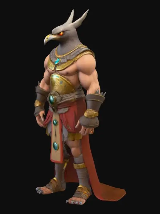 3D model for Design the Falcon King from the game Yuba, a terrifying yet slightly cartoonish villain. He has the head of a falcon with glowing, menacing eyes and a sharp, exaggerated beak, giving him a stylized but dangerous look. His body is tall and imposing, dressed in Amazigh tribal robes mixed with Egyptian royal armor — golden chest plate, engraved bracers, and a flowing cloth decorated with geometric Amazigh patterns. Instead of wings, his arms are muscular and human-like, with clawed gauntlets resembling falcon talons. His crown should be a mix of Egyptian pharaoh headdress and Amazigh warrior ornaments, making him look both regal and fearsome. The style should be semi-cartoonish but dark, fitting for a boss character in a stylized adventure game
