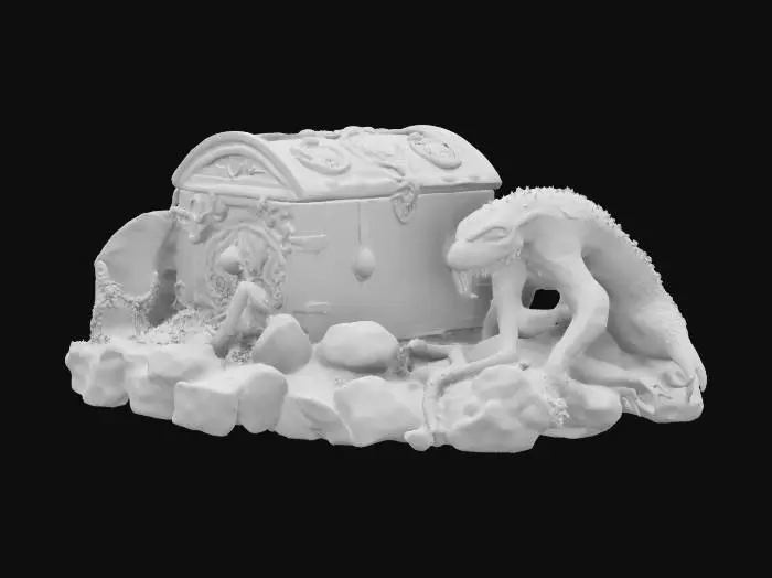 3D model for Ancient chest lying on the seabed next to the great Lovecraftian monster, casual dark style