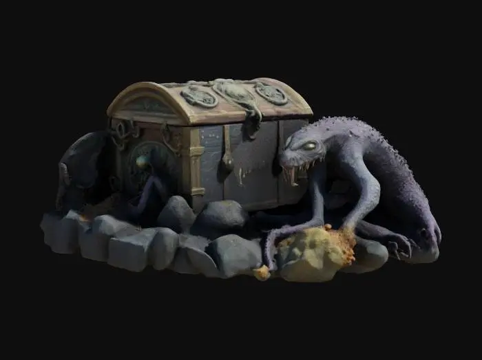 3D model for Ancient chest lying on the seabed next to the great Lovecraftian monster, casual dark style