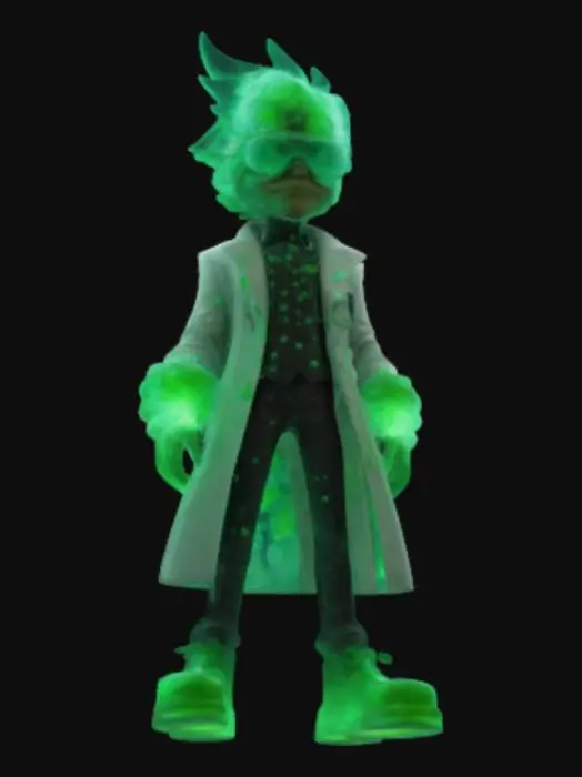 3D model for Game character a science with green bioluminescent substance on his lab coat 