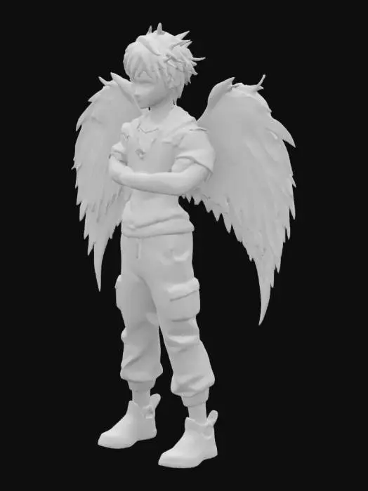 3D model for The angel boy of rap music genre who got cool short anime hair and looks cool to the modern style also including some traditional angel style with big wings and blond hair blue eyes