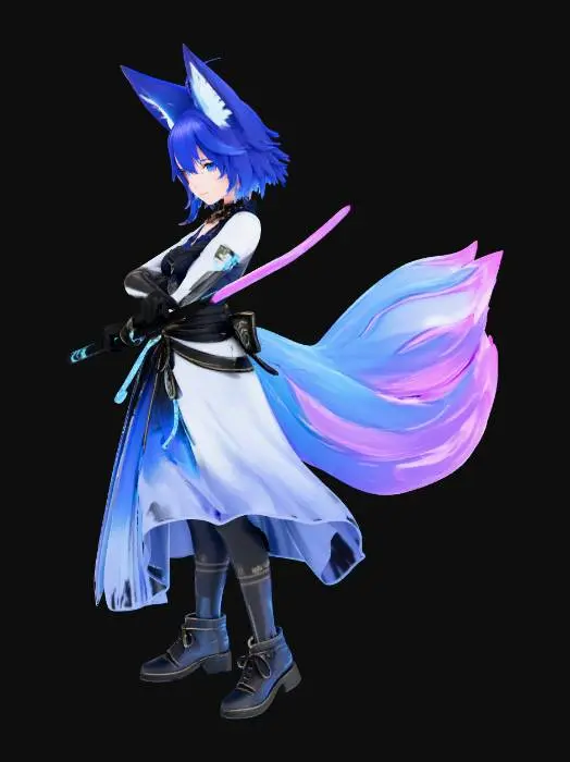 3D model for fait moi un nouveau personnage de anime avec des coleures et des katana avec des eclaires derrier et un animal avec des couleurs