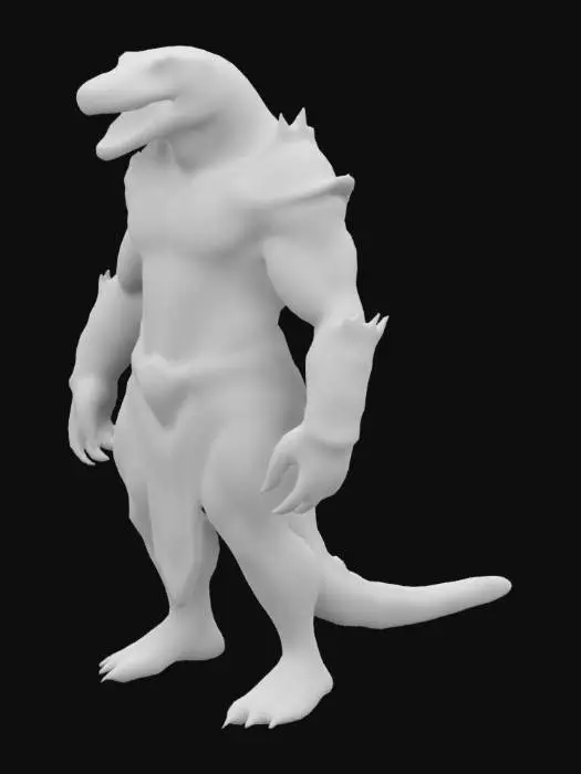 3D model for a creature that resembles a  Lizardfolk . It has a muscular humanoid body with scales covering its skin. The creature's face is fierce and animalistic. It is wearing a suit of armor that appears to be made of leather and metal, with fine gold ornaments.