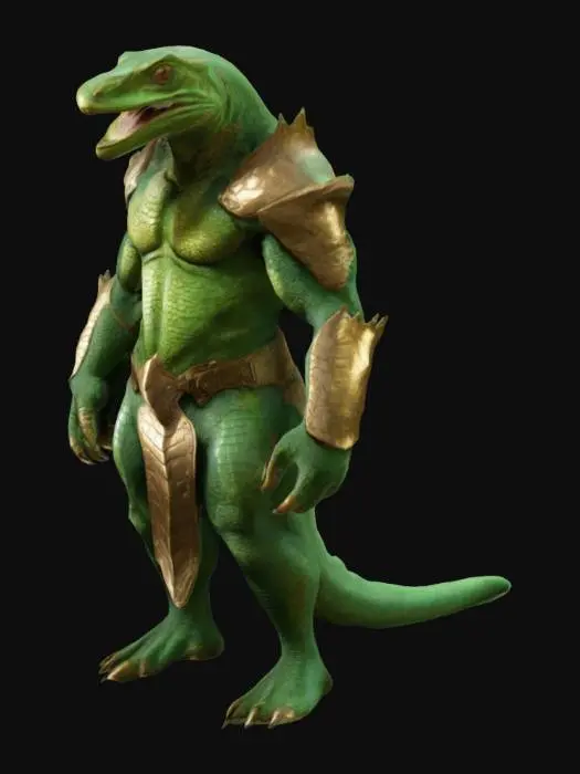 3D model for a creature that resembles a  Lizardfolk . It has a muscular humanoid body with scales covering its skin. The creature's face is fierce and animalistic. It is wearing a suit of armor that appears to be made of leather and metal, with fine gold ornaments.