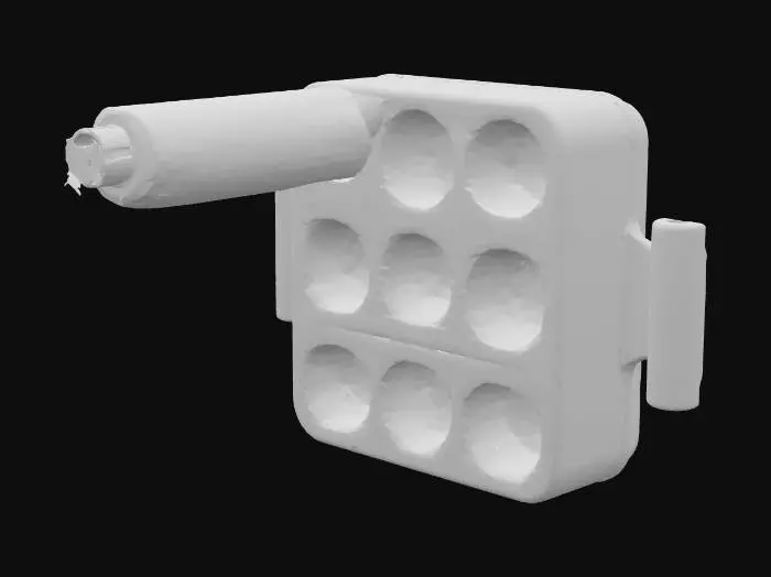 3D model for Белый объект на фото это прототип док-станции, а его башенка это один из девяти беспроводных модулей которые должны заряжаться в этой док-станции. Необходимо изменить внешний вид чтобы получить представление как будет выглядеть конечный продукт.
Список необходимых изменений:
1. Белый цвет док-станции нужно заменить на матовый чёрный.
2. Палка торчащая из док станции и отверсия это беспородной модуль. Беспроводной модуль тоже должен быть чорного матового цвета с небольшой красной кнопкой сверху
3. В нижнем левом углу добавить логотип среднего размера: |m|⁰⁰¹ . Он должен быть белым.
С верху беспроводного модуля вместо металлической кнопки сделай ее красной.