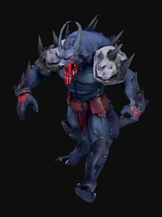 3D model for Create a highly detailed 3D model of Lycagon the Nightslayer, a powerful boss monster from Shangri-La Frontier. It is a terrifying werewolf-like creature with a tall, muscular humanoid-wolf body covered in midnight black fur. Its eyes glow bright crimson, and it has razor-sharp claws and fangs. Across its body are glowing, cursed lines filled with oozing, dark red blood, especially over its chest, arms, and legs—these markings pulse with a sinister energy. Its shoulders and back are protected by dark, spiked armor, and its mouth is open in a feral snarl, dripping saliva and blood. The Lycagon stands in a ferocious battle stance, surrounded by a foggy, moonlit battlefield. Make it look deadly, cursed, and monstrous—a true endgame boss.