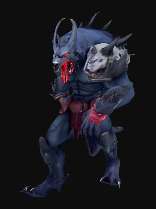 3D model for Create a highly detailed 3D model of Lycagon the Nightslayer, a powerful boss monster from Shangri-La Frontier. It is a terrifying werewolf-like creature with a tall, muscular humanoid-wolf body covered in midnight black fur. Its eyes glow bright crimson, and it has razor-sharp claws and fangs. Across its body are glowing, cursed lines filled with oozing, dark red blood, especially over its chest, arms, and legs—these markings pulse with a sinister energy. Its shoulders and back are protected by dark, spiked armor, and its mouth is open in a feral snarl, dripping saliva and blood. The Lycagon stands in a ferocious battle stance, surrounded by a foggy, moonlit battlefield. Make it look deadly, cursed, and monstrous—a true endgame boss.