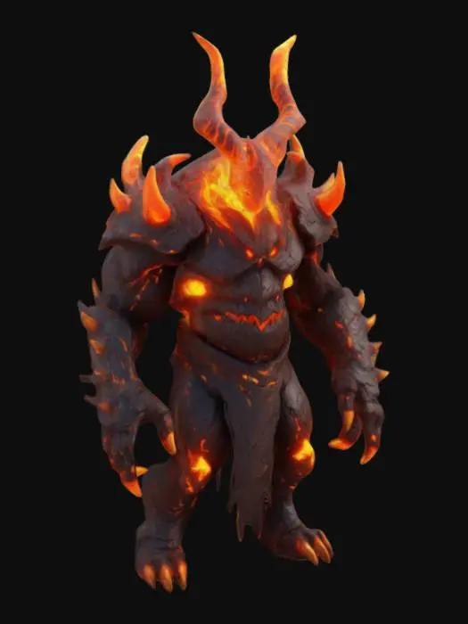 3D model for Stylized 3D fire-based boss creature with a menacing, cartoon-like design. Massive build, molten rock armor, glowing lava cracks, flaming eyes, and smoke trails. Sharp, exaggerated horns, a blazing weapon, and fiery aura. Intimidating yet stylized—perfect for a climactic fantasy RPG battle.

