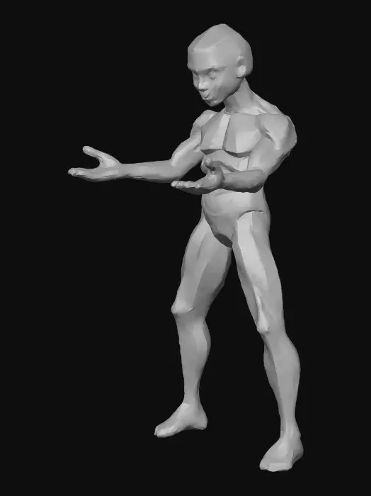 3D model for Stylised low-poly adult human character for a third-person RPG, neutral A-pose, arms slightly away from torso, legs straight, feet flat on ground, exaggerated but believable proportions, clear readable silhouette, medium-sized head, slightly oversized hands, simple anatomical forms, no accessories, no weapons, no armor, wearing only simple neutral underwear, clean game-ready topology, evenly distributed polygons, animation-friendly edge flow, separated limbs, no merged geometry, hand-painted style textures with soft shading, minimal detail, no baked lighting, Fable 3 inspired stylised fantasy art style