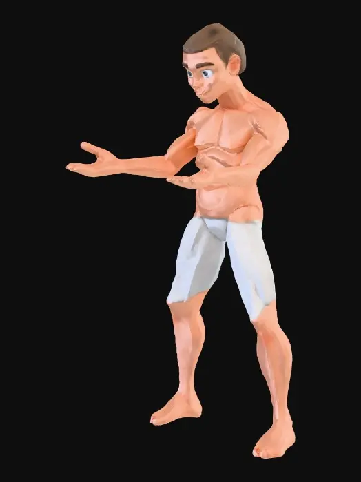 3D model for Stylised low-poly adult human character for a third-person RPG, neutral A-pose, arms slightly away from torso, legs straight, feet flat on ground, exaggerated but believable proportions, clear readable silhouette, medium-sized head, slightly oversized hands, simple anatomical forms, no accessories, no weapons, no armor, wearing only simple neutral underwear, clean game-ready topology, evenly distributed polygons, animation-friendly edge flow, separated limbs, no merged geometry, hand-painted style textures with soft shading, minimal detail, no baked lighting, Fable 3 inspired stylised fantasy art style