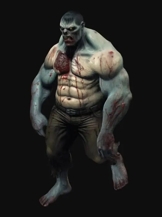 3D model for Hand-painted, stylized zombie brute with a gritty, inked comic-book look. scars, blood, grotesque