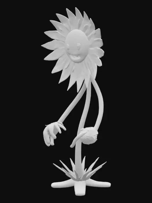 3D model for A 3D model of a 2m-tall, petite dandelion humanoid in a vibrant, cel-shaded Earthworm Jim cartoon style. Slender green stem torso and thighs, ending in tangled, brown root-like feet. Head is a vibrant yellow dandelion flower with petals, with a cheeky smirking face and gleaming yellow eyes. Thin stem arms end in spiky dandelion leaf hands. A clear, pill-shaped canister with bubbly green fluid and sprayer nozzle, strapped with tattered leather. Glossy surface, vivid colors, thick black outlines. Sassy pose, one hand on hip, exuding mischievous hero vibe. Spiky seed studs on shoulders. Exaggerated cartoon style, no realism.

