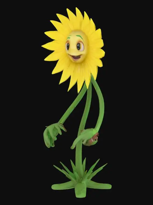 3D model for A 3D model of a 2m-tall, petite dandelion humanoid in a vibrant, cel-shaded Earthworm Jim cartoon style. Slender green stem torso and thighs, ending in tangled, brown root-like feet. Head is a vibrant yellow dandelion flower with petals, with a cheeky smirking face and gleaming yellow eyes. Thin stem arms end in spiky dandelion leaf hands. A clear, pill-shaped canister with bubbly green fluid and sprayer nozzle, strapped with tattered leather. Glossy surface, vivid colors, thick black outlines. Sassy pose, one hand on hip, exuding mischievous hero vibe. Spiky seed studs on shoulders. Exaggerated cartoon style, no realism.

