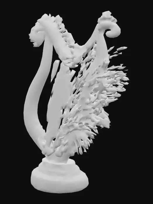 3D model for High-detail 3D model, goddess's harp, frame made of glowing crystal, adorned with pearls and white feathers, creates sparkles when played, highly detailed, fantasy style, soft lighting