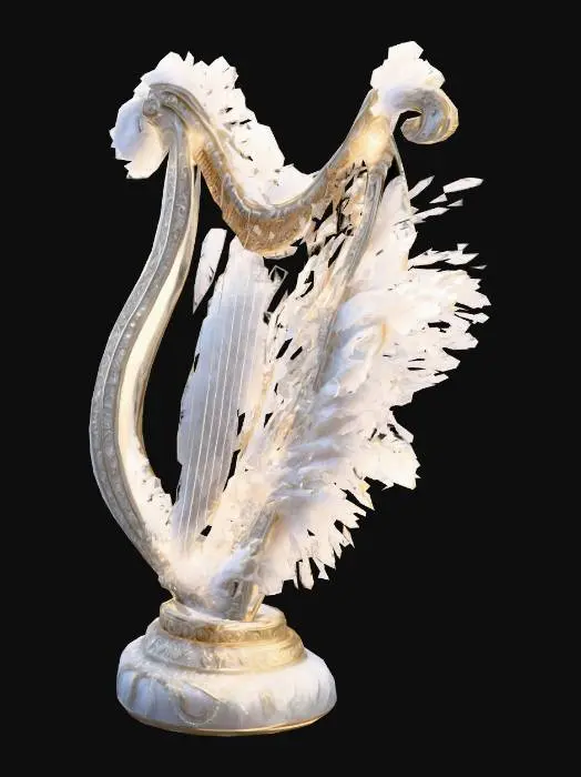 3D model for High-detail 3D model, goddess's harp, frame made of glowing crystal, adorned with pearls and white feathers, creates sparkles when played, highly detailed, fantasy style, soft lighting