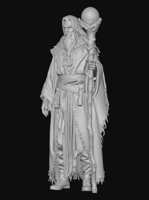 3D model for Create a full-body, realistic 3D dark wizard character in a cinematic fantasy style. The character is a middle-aged male, lean but imposing, with pale, weathered skin, sharp facial features, and a stern expression. His deep-set eyes glow faintly violet or crimson. He has long dark hair with gray streaks and a short, rough beard.

He wears layered dark robes in black, charcoal, and deep purple, with subtle arcane embroidery, worn fabric, frayed edges, and burn marks. A leather belt holds pouches and scrolls. His hands are gaunt with faint glowing veins. He carries a gnarled dark staff topped with a cracked crystal or obsidian orb emitting a dim glow. Worn leather boots and a dark arcane amulet complete the look., #Christmas2025#