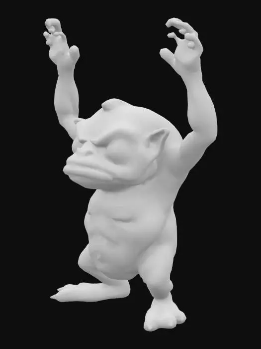 3D model for A small thin hunched creature waves its arms, moving slowly with a limp. Its left eye droops under a bristly ginger brow, sometimes blinking, while the right is hidden under a massive wart. Its cracked lips reveal uneven, chipped teeth, one of which protrudes like an elephant's tusk. The camera captures a mix of anger, astonishment, and sadness on its face as it says something from its mouth, occasionally spraying saliva.