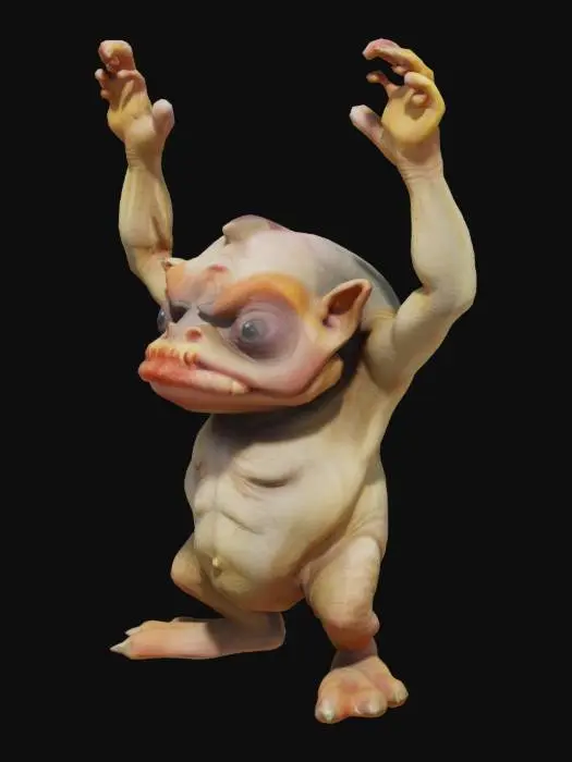 3D model for A small thin hunched creature waves its arms, moving slowly with a limp. Its left eye droops under a bristly ginger brow, sometimes blinking, while the right is hidden under a massive wart. Its cracked lips reveal uneven, chipped teeth, one of which protrudes like an elephant's tusk. The camera captures a mix of anger, astonishment, and sadness on its face as it says something from its mouth, occasionally spraying saliva.