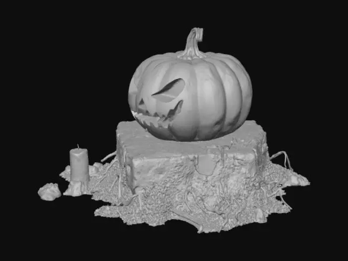 3D model for A haunted pumpkin lantern sits atop a cracked stone pedestal, its jagged grin and glowing yellow eyes flickering from a candle within. The pumpkin’s rough, decayed surface shows scratches and dents, with dried vines curling around its stem and faint cobwebs stretching to the pedestal. Soft fog drifts around its base as the candlelight casts eerie, shifting shadows. The pedestal’s granite texture is worn and moss-covered, adding to the aged, haunted feel. The scene glows warmly with an orange hue, touched by decay and mystery, perfect for Halloween night. , #Halloween2025#