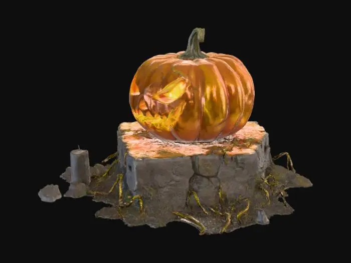 3D model for A haunted pumpkin lantern sits atop a cracked stone pedestal, its jagged grin and glowing yellow eyes flickering from a candle within. The pumpkin’s rough, decayed surface shows scratches and dents, with dried vines curling around its stem and faint cobwebs stretching to the pedestal. Soft fog drifts around its base as the candlelight casts eerie, shifting shadows. The pedestal’s granite texture is worn and moss-covered, adding to the aged, haunted feel. The scene glows warmly with an orange hue, touched by decay and mystery, perfect for Halloween night. , #Halloween2025#