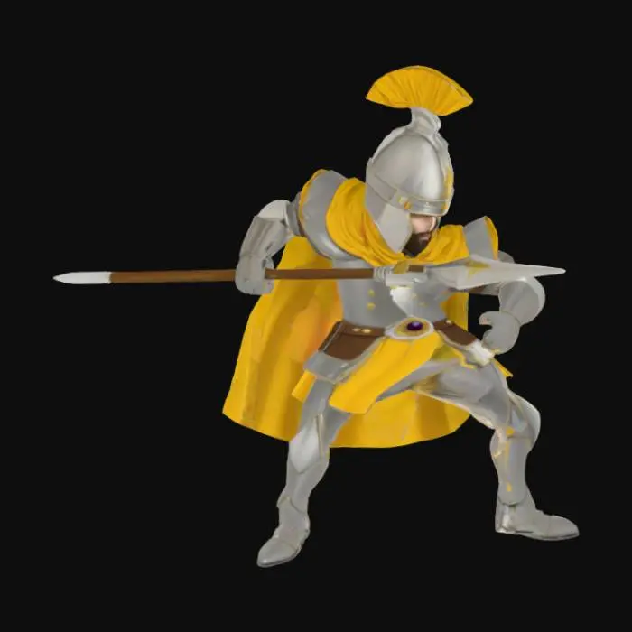 3D model for 简约风格卡通呈现中世纪皇家长矛兵完整全身。头戴雕花银盔，身着金色板甲。领带黄色披风,手持镶宝石精钢矛，武器材质为精钢。膝部板甲防护，脚穿华丽金属靴。身形魁梧，眼神威严。穿着材质为坚硬金属。