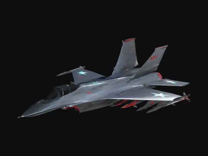 3D model for Generate a futuristic fighter jet inspired by the MiG-15,named MiG-15X Viper.The jet has a sleek,stealthy design with composite titanium-carbonfiber body.It has swept-back wings with retractable canards and,V-tail configuration.The engines are twin hypersonic-capable turbo-ramjets with glowing afterburners. The cockpit is streamlined with a tinted canopy,and the jet has internal weapons bays and missile hardpoints. overall design should focus highspeed agility,stealth,and modern aerodynamics.