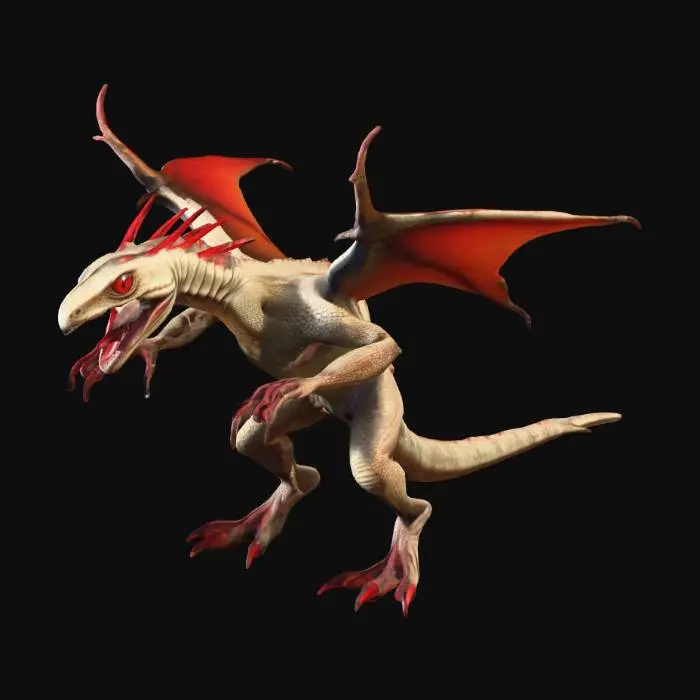 3D model for biped thin lizard monster with wings. long claws and fangs. red scales and boney spikes.