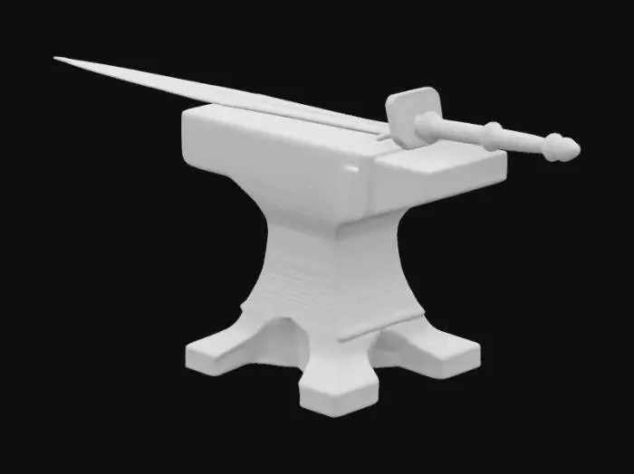 3D model for a metallic anvil with a sword on it , that's going to be forged. The metal is glowing red and orange