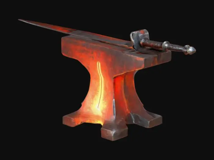 3D model for a metallic anvil with a sword on it , that's going to be forged. The metal is glowing red and orange