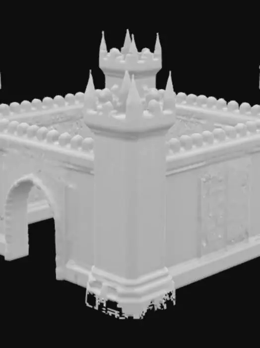 3D model for dark fantasy fortified wall segment inspired by Melnibonean, Dark Elves (Warhammer), and Bloodborne architecture. The wall is made of dark gray polished stone with elegant golden inlays and decorative engravings. The structure features sharp spires, vertical towers, and twisted gothic elements. The design is symmetrical, highly stylized, and monumental, resembling a defensive wall section integrated into a noble city district. Hard surface model, Meshy-ready, white background, no organic elements or vegetation.
