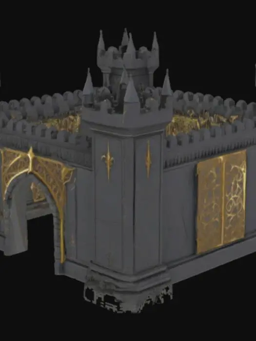 3D model for dark fantasy fortified wall segment inspired by Melnibonean, Dark Elves (Warhammer), and Bloodborne architecture. The wall is made of dark gray polished stone with elegant golden inlays and decorative engravings. The structure features sharp spires, vertical towers, and twisted gothic elements. The design is symmetrical, highly stylized, and monumental, resembling a defensive wall section integrated into a noble city district. Hard surface model, Meshy-ready, white background, no organic elements or vegetation.
